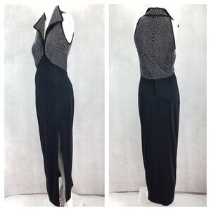 Tadashi Shoji Size M Long Maxi Evening Dress Front Slit Black / Silver Vintage